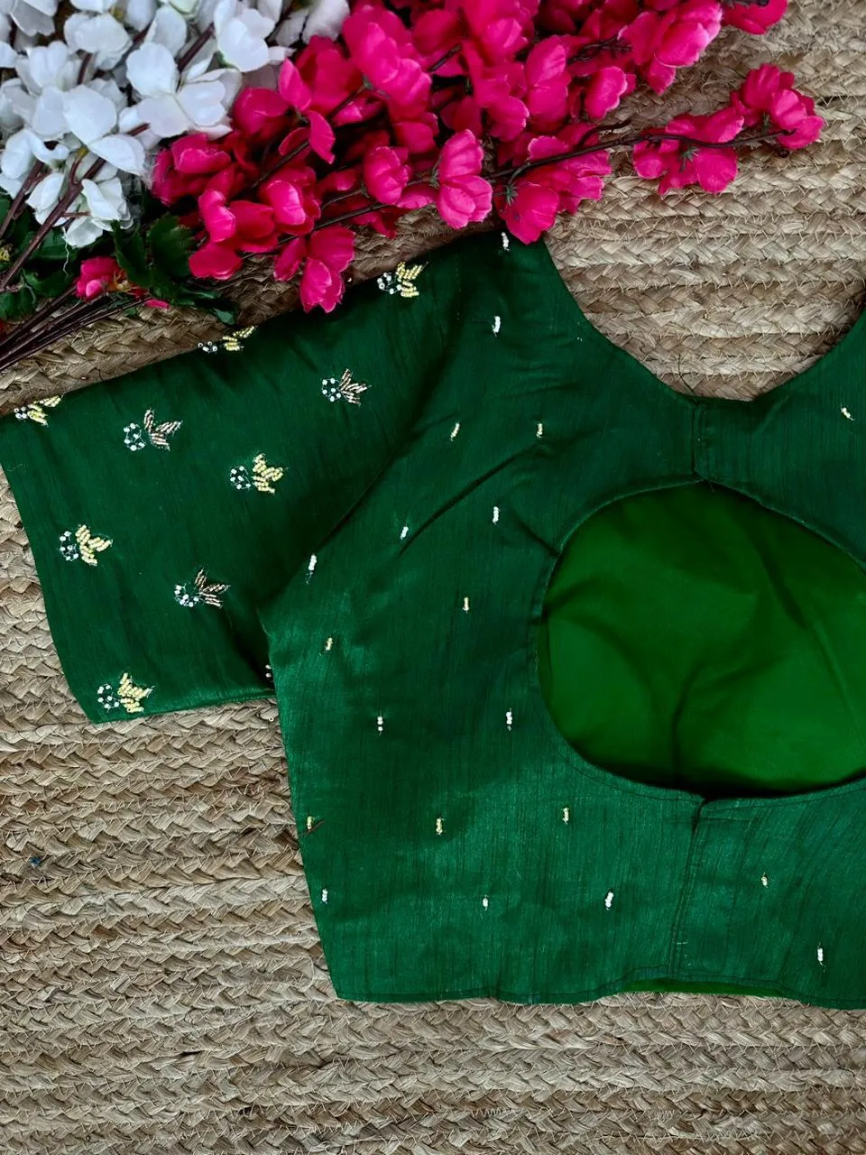 Green Pearl-Embellished german silk Blouse with Handcrafted Golden Work