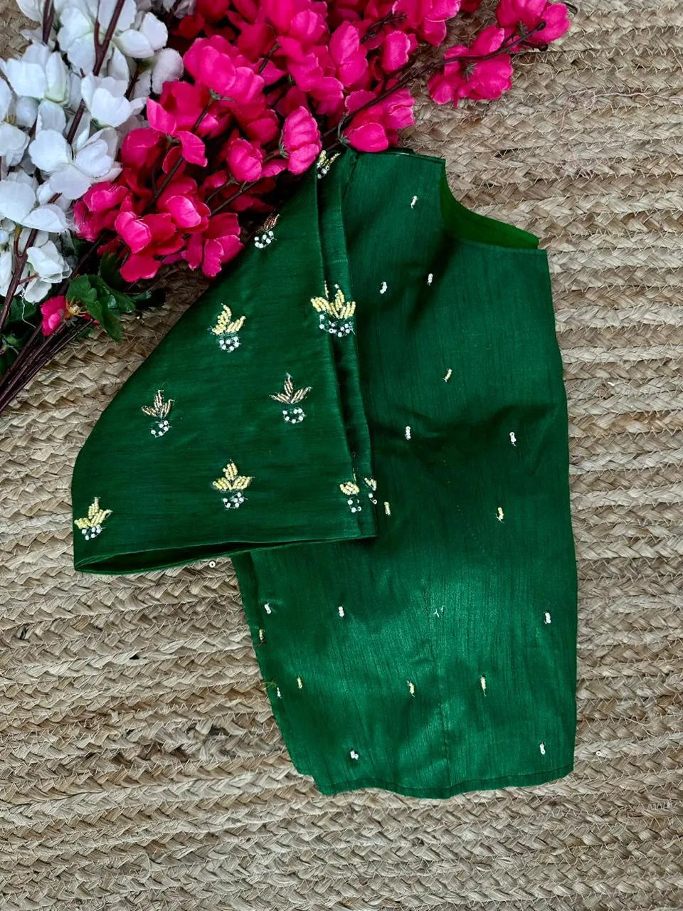 Green Pearl-Embellished german silk Blouse with Handcrafted Golden Work