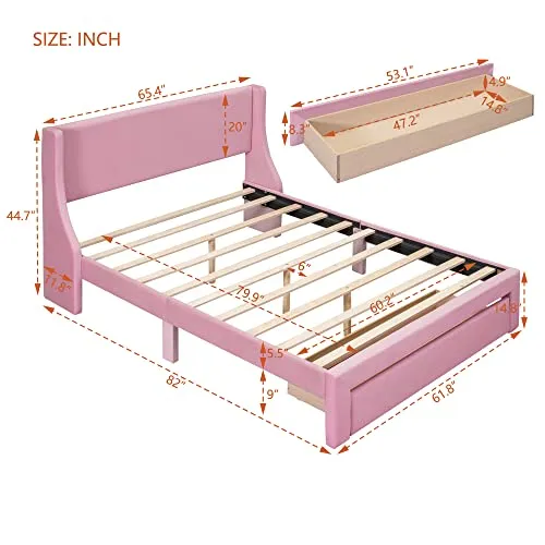 HBRR Queen Size Bed Frame with Drawer and Headboard, Velvet Upholstered Platform Bed with Wood Slats, Mattress Foundation, No Box Spring Needed, Easy Assembly, Pink