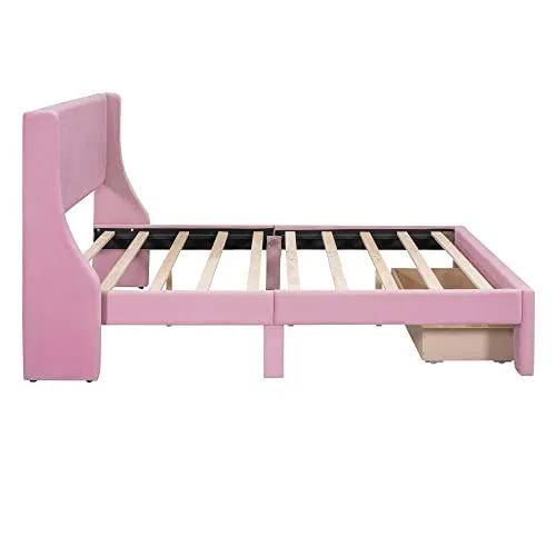 HBRR Queen Size Bed Frame with Drawer and Headboard, Velvet Upholstered Platform Bed with Wood Slats, Mattress Foundation, No Box Spring Needed, Easy Assembly, Pink