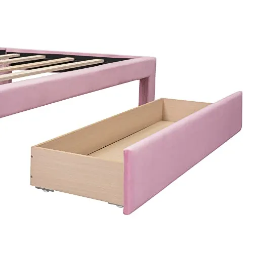 HBRR Queen Size Bed Frame with Drawer and Headboard, Velvet Upholstered Platform Bed with Wood Slats, Mattress Foundation, No Box Spring Needed, Easy Assembly, Pink