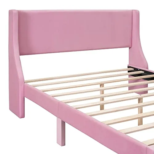 HBRR Queen Size Bed Frame with Drawer and Headboard, Velvet Upholstered Platform Bed with Wood Slats, Mattress Foundation, No Box Spring Needed, Easy Assembly, Pink