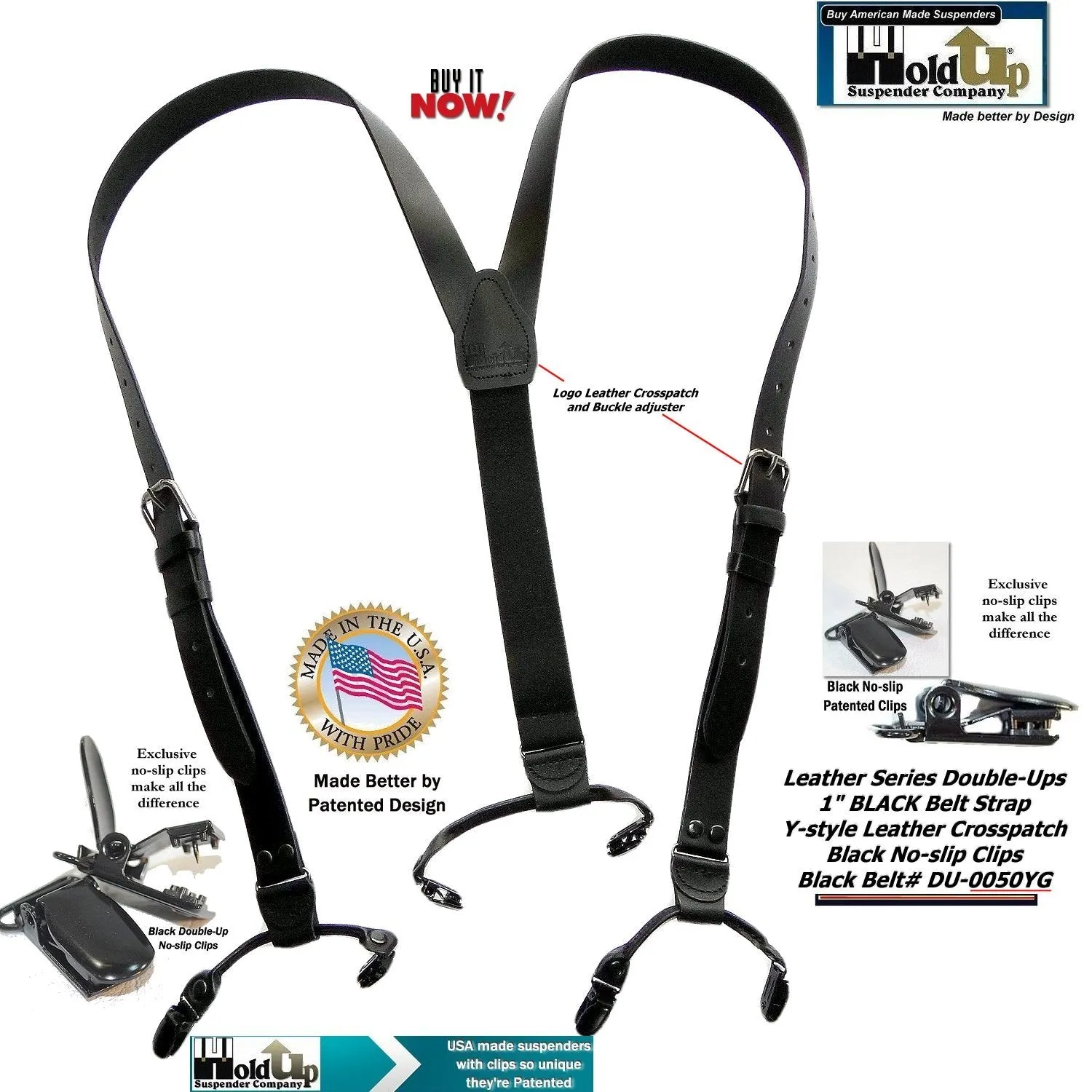 HoldUp narrow Black Belt Strap Style Genuine Bonded Leather Suspenders with black no-slip clips