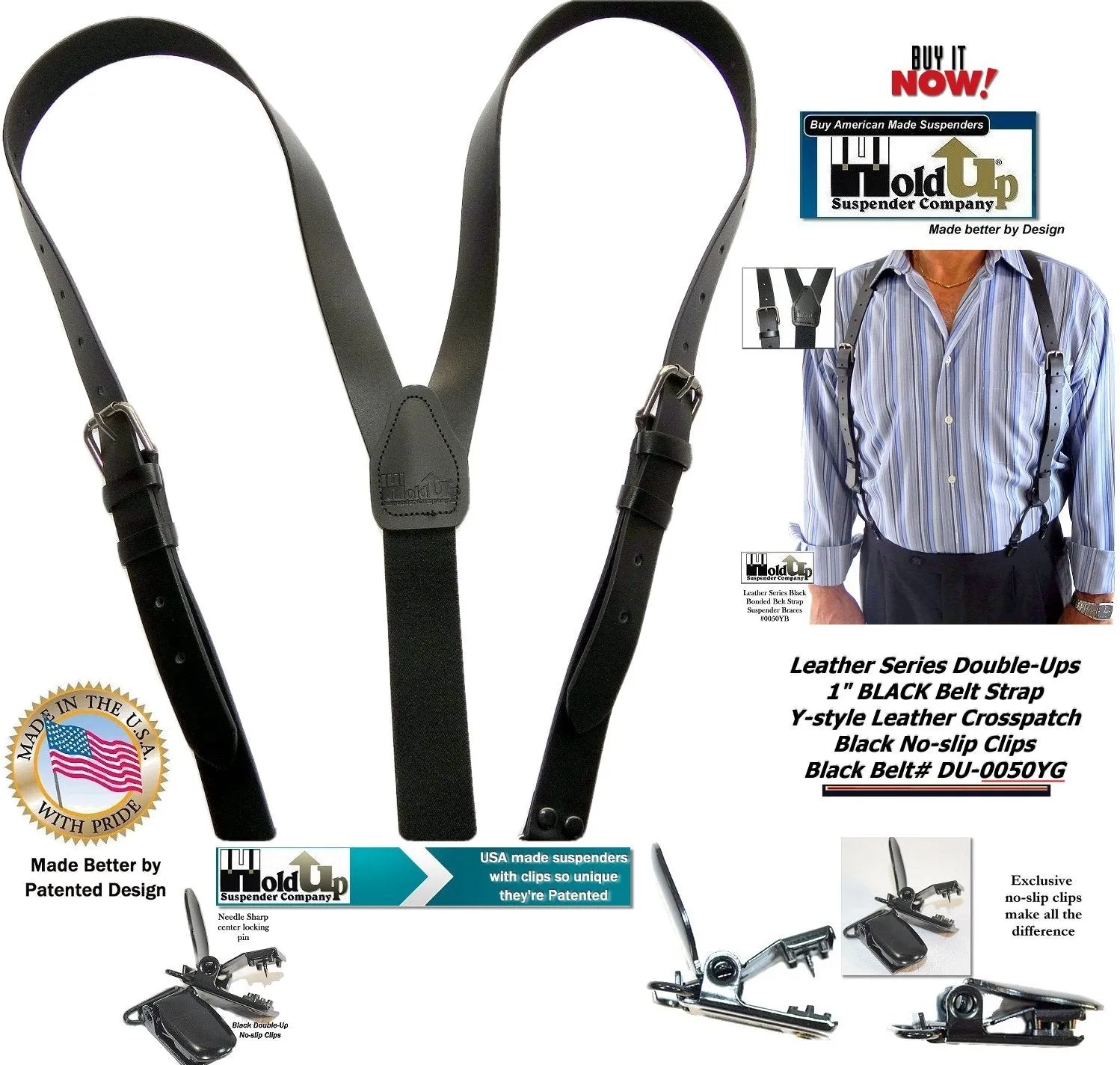 HoldUp narrow Black Belt Strap Style Genuine Bonded Leather Suspenders with black no-slip clips