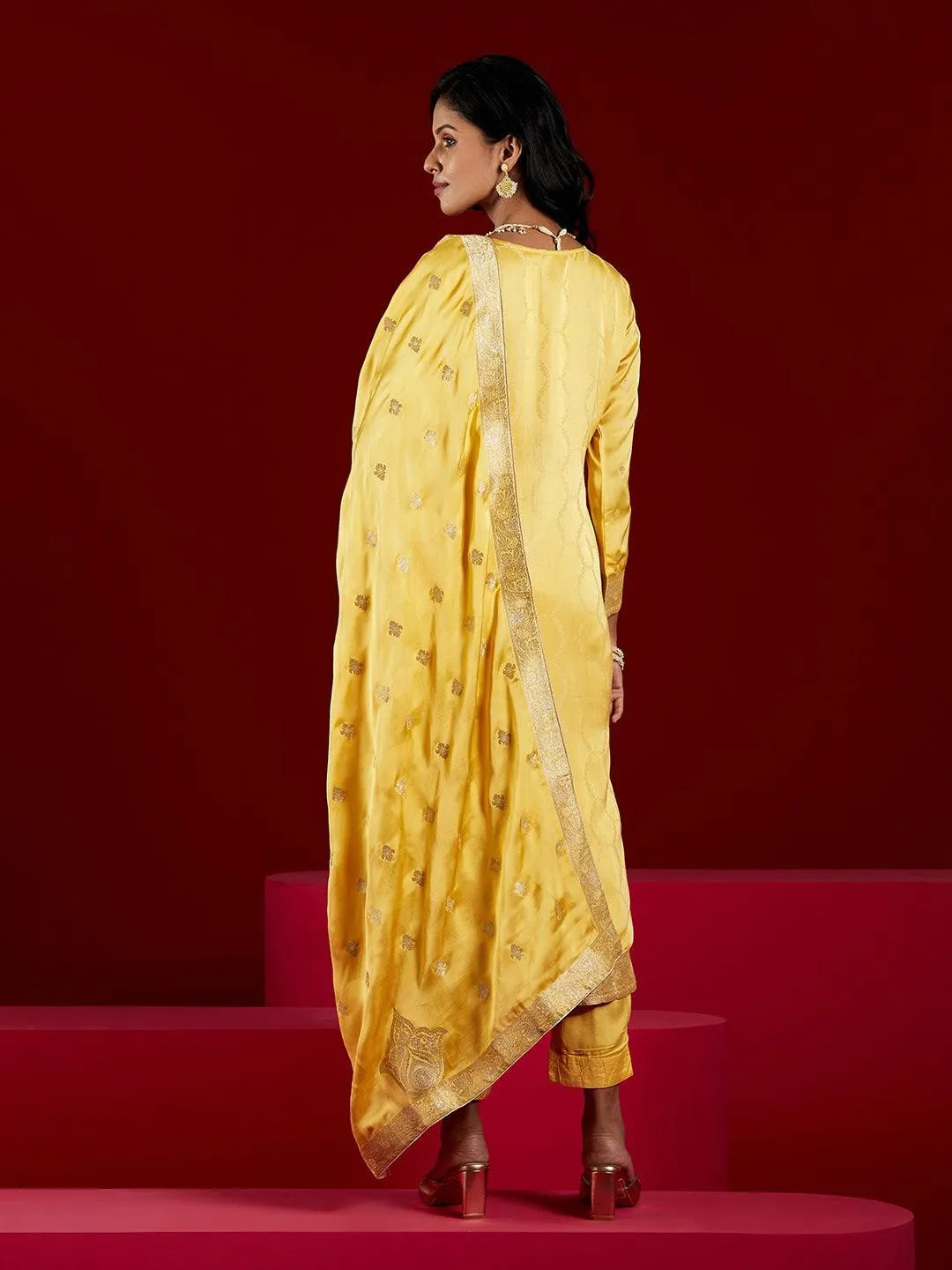 Jashvi Art Yellow Woven Design Silk Straight Suit With Dupatta