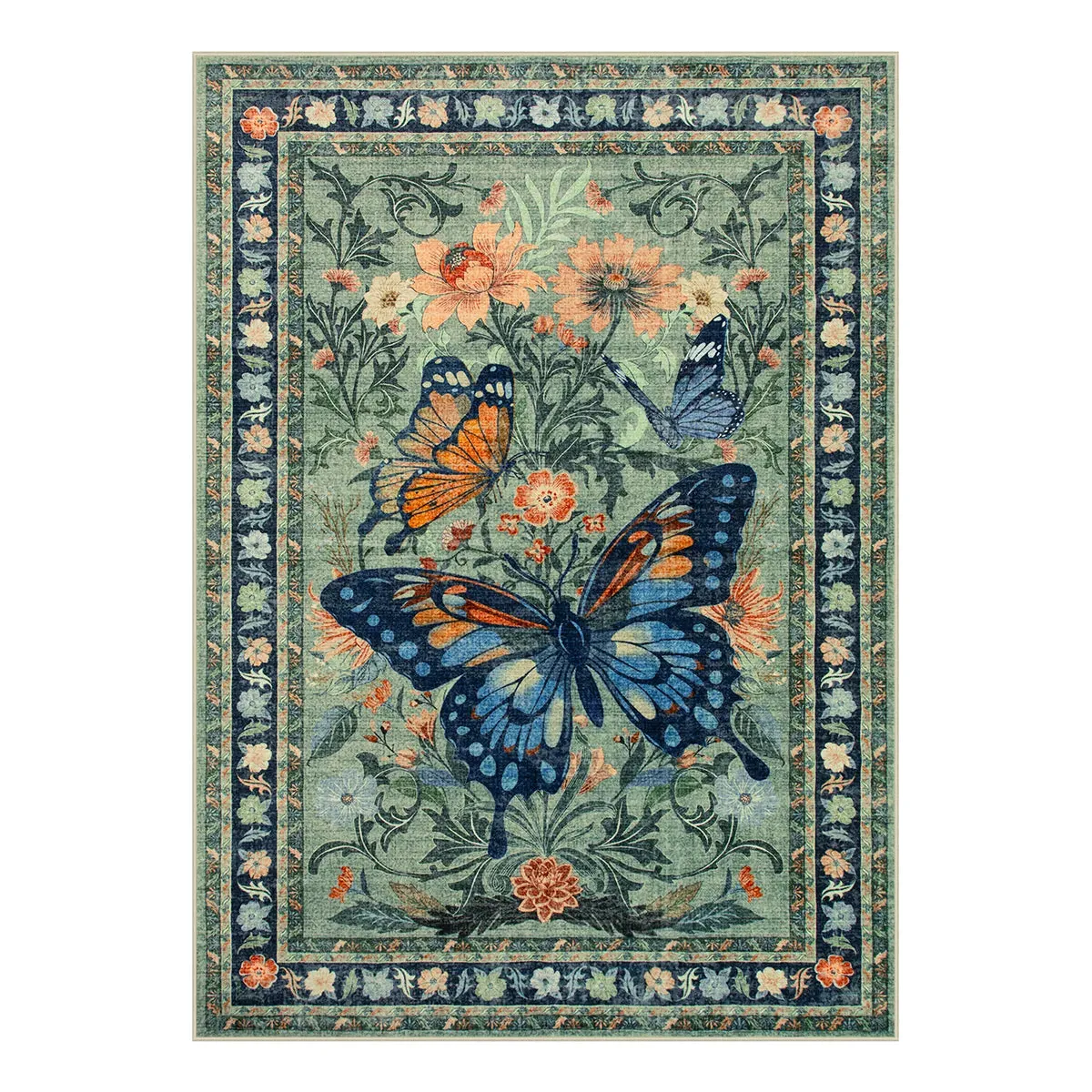 Leonie Butterfly Floral Blossom Green Area Rug