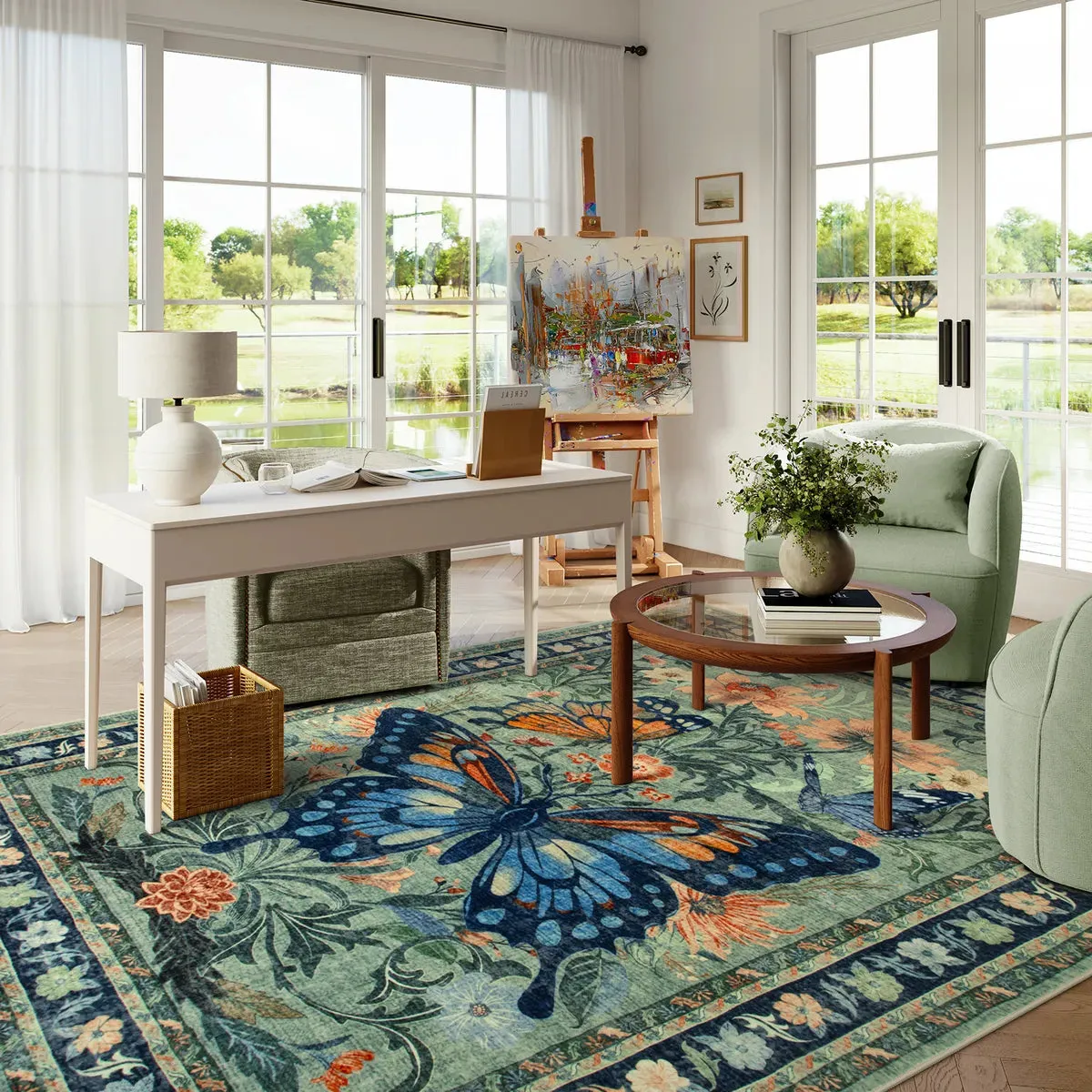 Leonie Butterfly Floral Blossom Green Area Rug