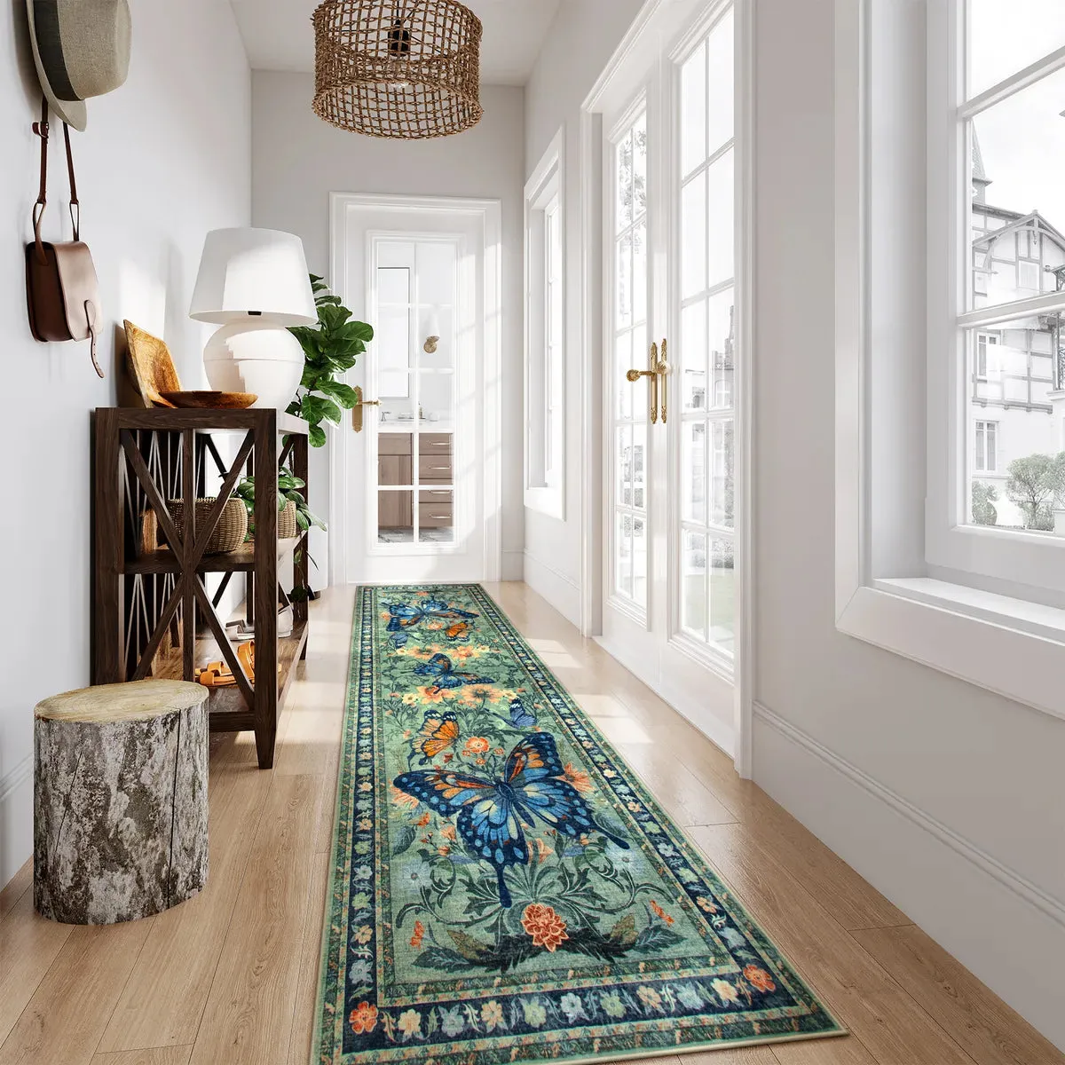 Leonie Butterfly Floral Blossom Green Area Rug