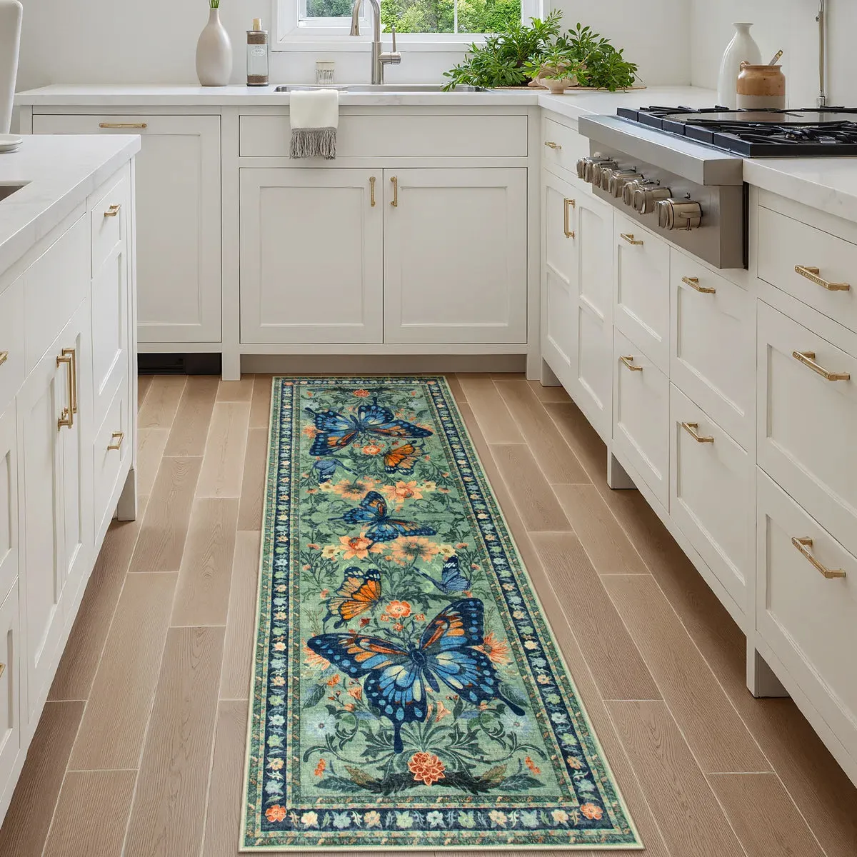 Leonie Butterfly Floral Blossom Green Area Rug