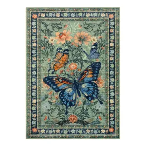 Leonie Butterfly Floral Blossom Green Area Rug