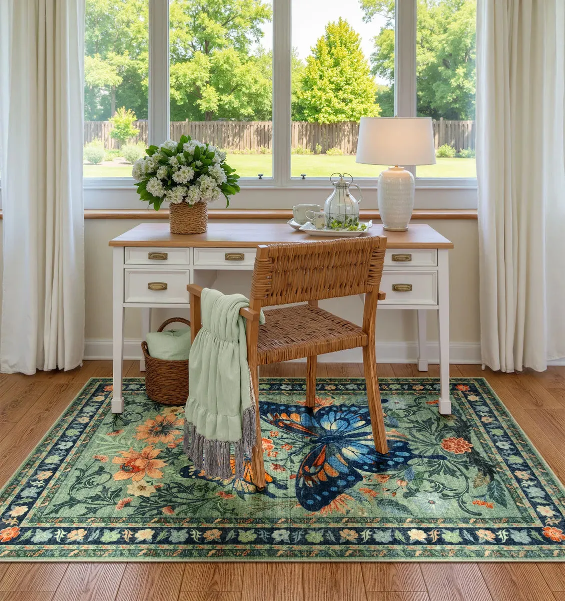 Leonie Butterfly Floral Blossom Green Area Rug