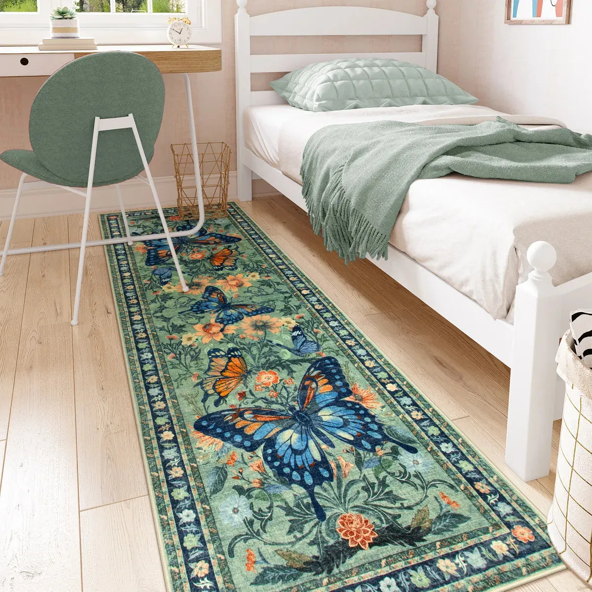 Leonie Butterfly Floral Blossom Green Area Rug