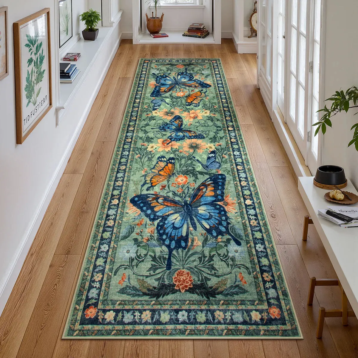 Leonie Butterfly Floral Blossom Green Area Rug