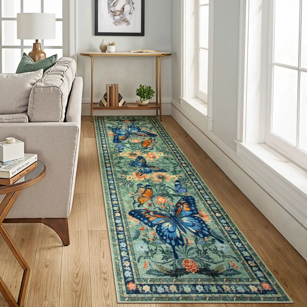 Leonie Butterfly Floral Blossom Green Area Rug