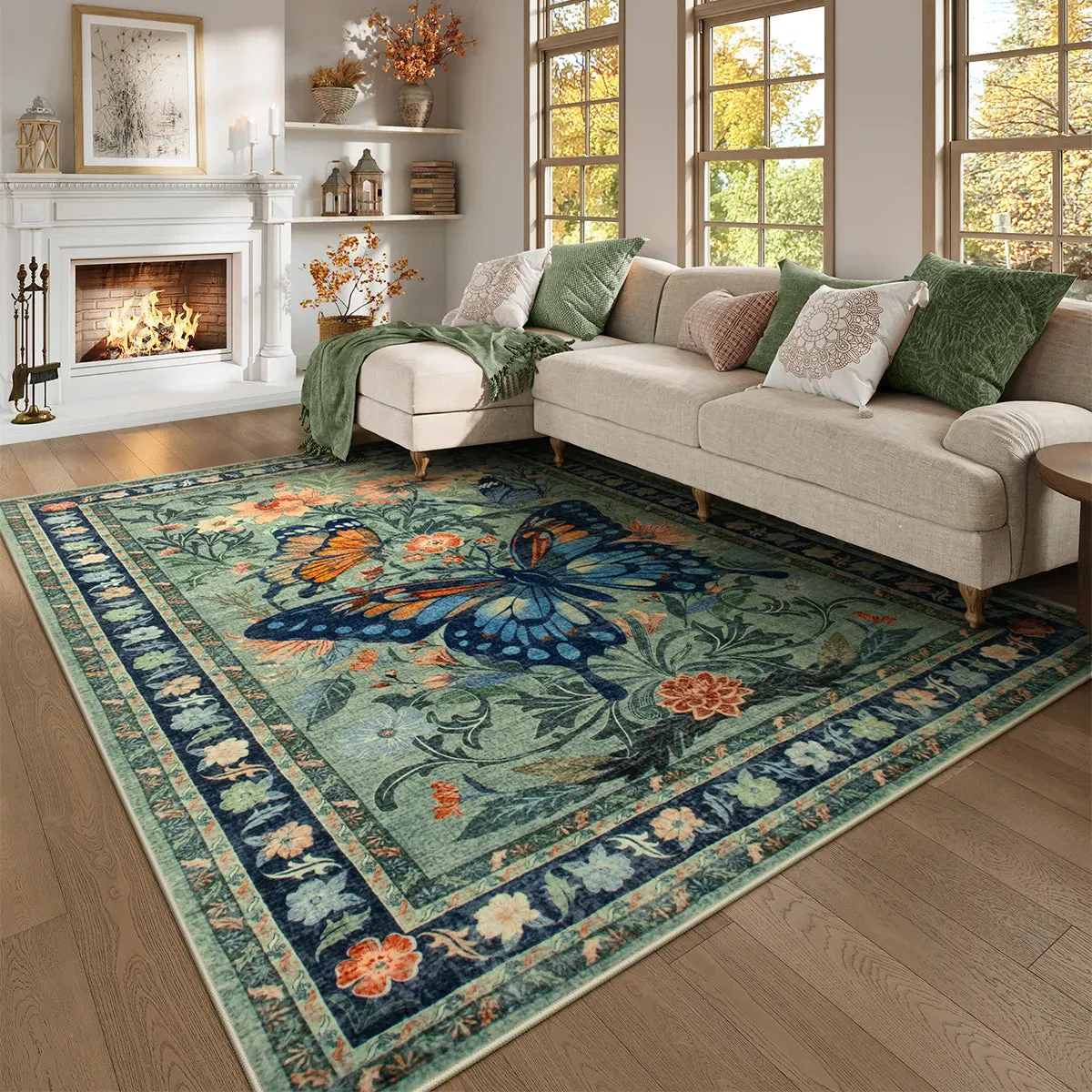 Leonie Butterfly Floral Blossom Green Area Rug