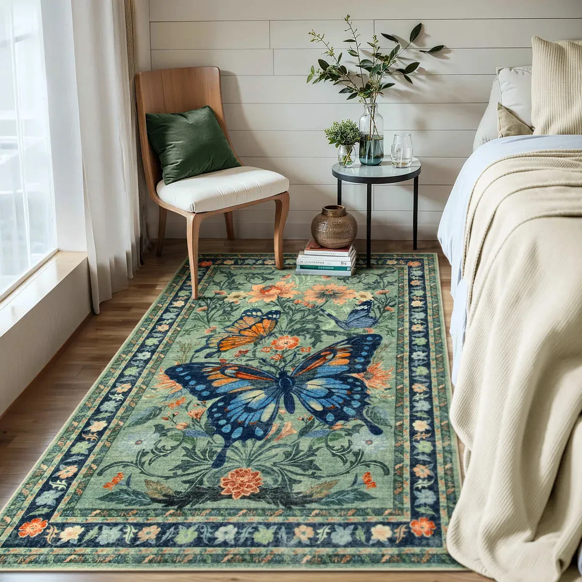 Leonie Butterfly Floral Blossom Green Area Rug