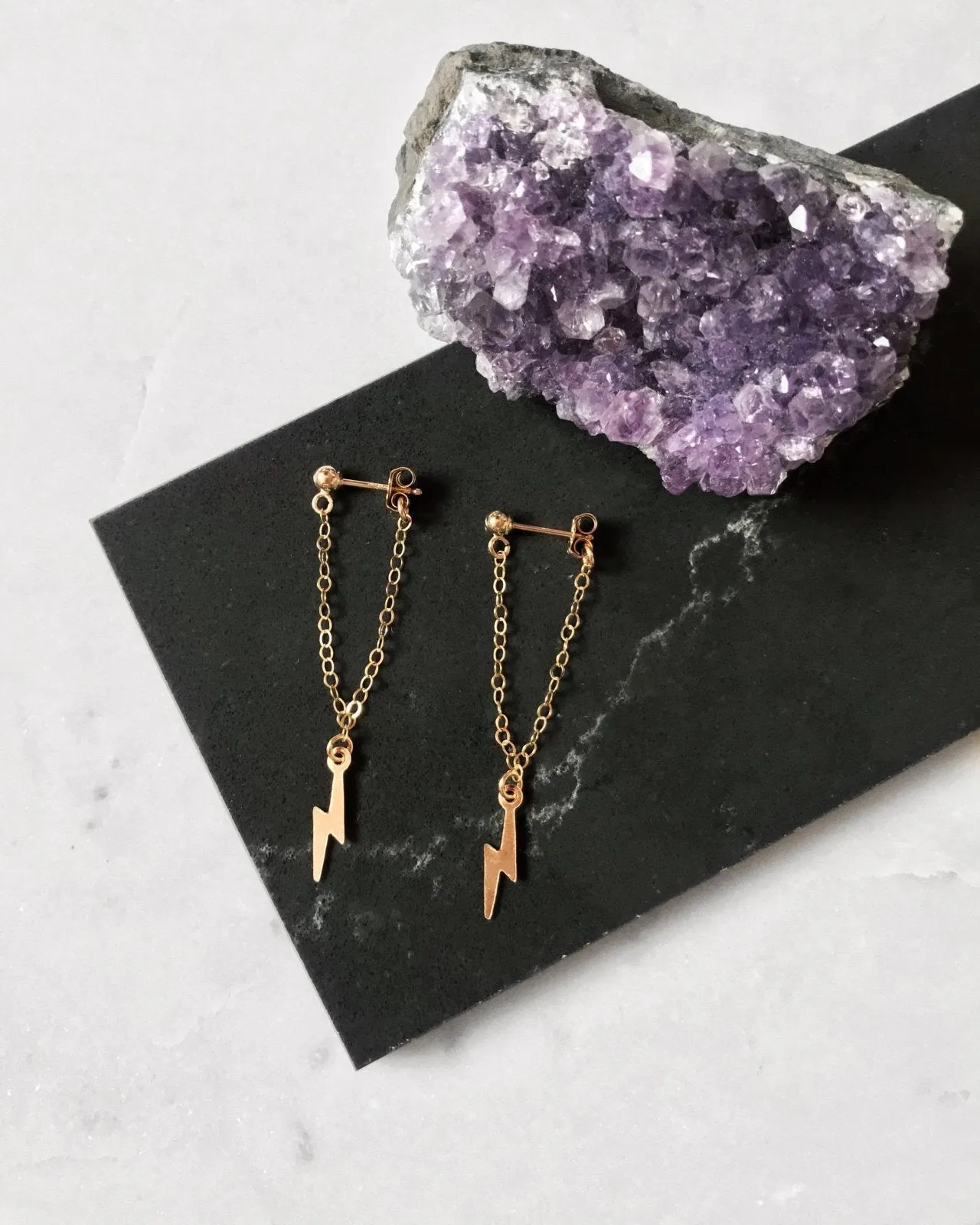 Lightning Bolt Long Chain Stud Earrings - 14k Yellow Gold Fill