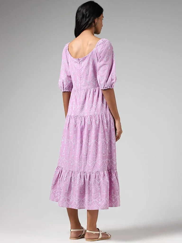 LOV Lilac Schiffli Cotton Tiered Dress