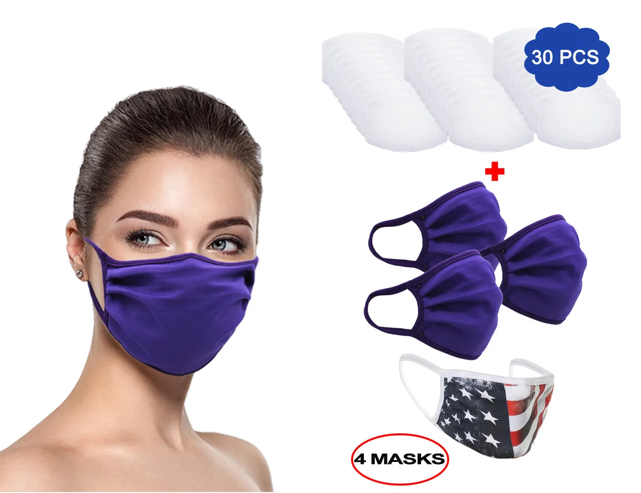 MADE IN USA (3 Purple), 1 US Flag (Made in Guatemala), Washable Reusable Anti-dust Cloth Face Mask Protection Double Layer Covering (IN STOCK 2-5 DAYS DELIVERY) - 4 Pack With Filters (30 PCS)