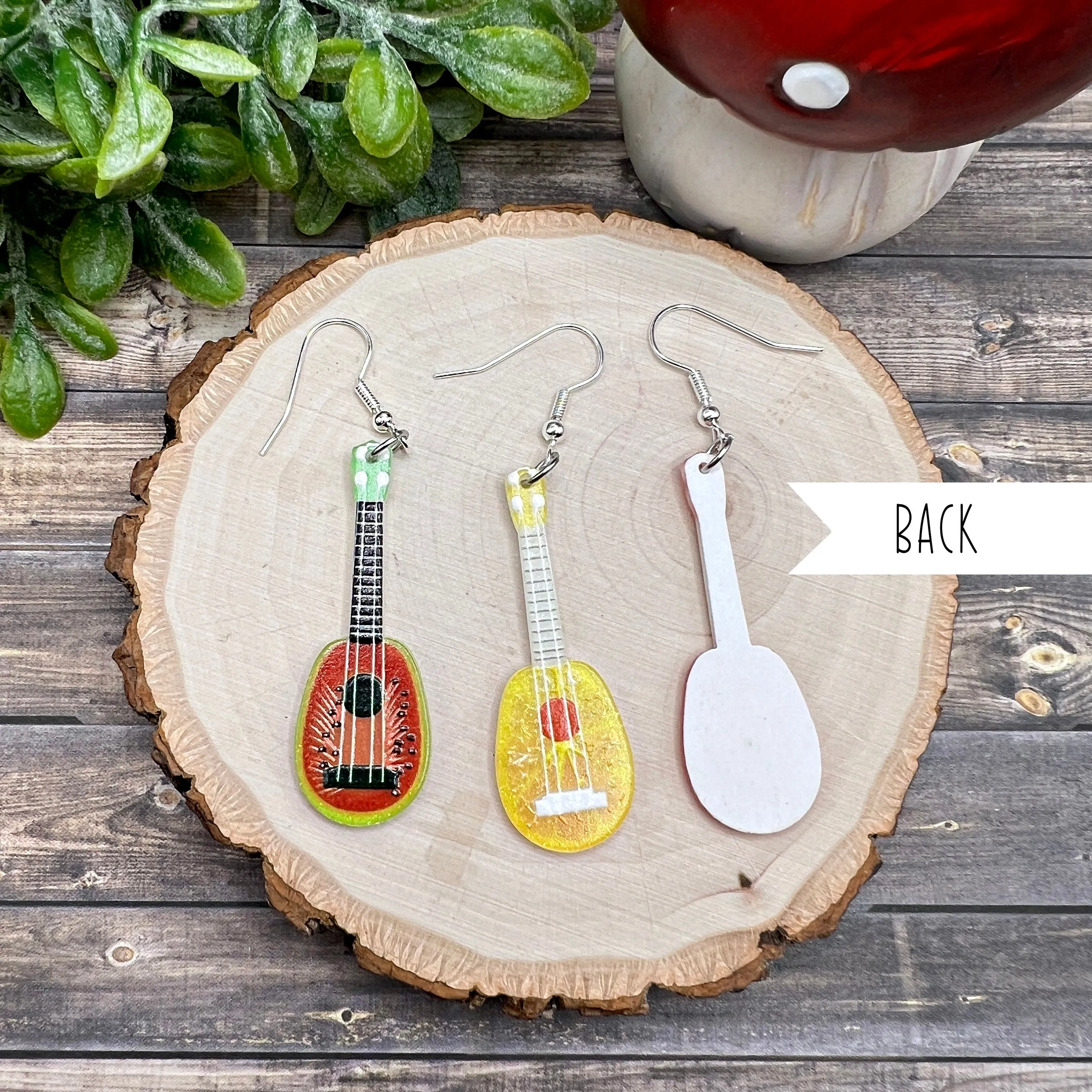 Mini Guitar Fruit Themed Lightweight  Earrings, Hypoallergenic Musician Gift