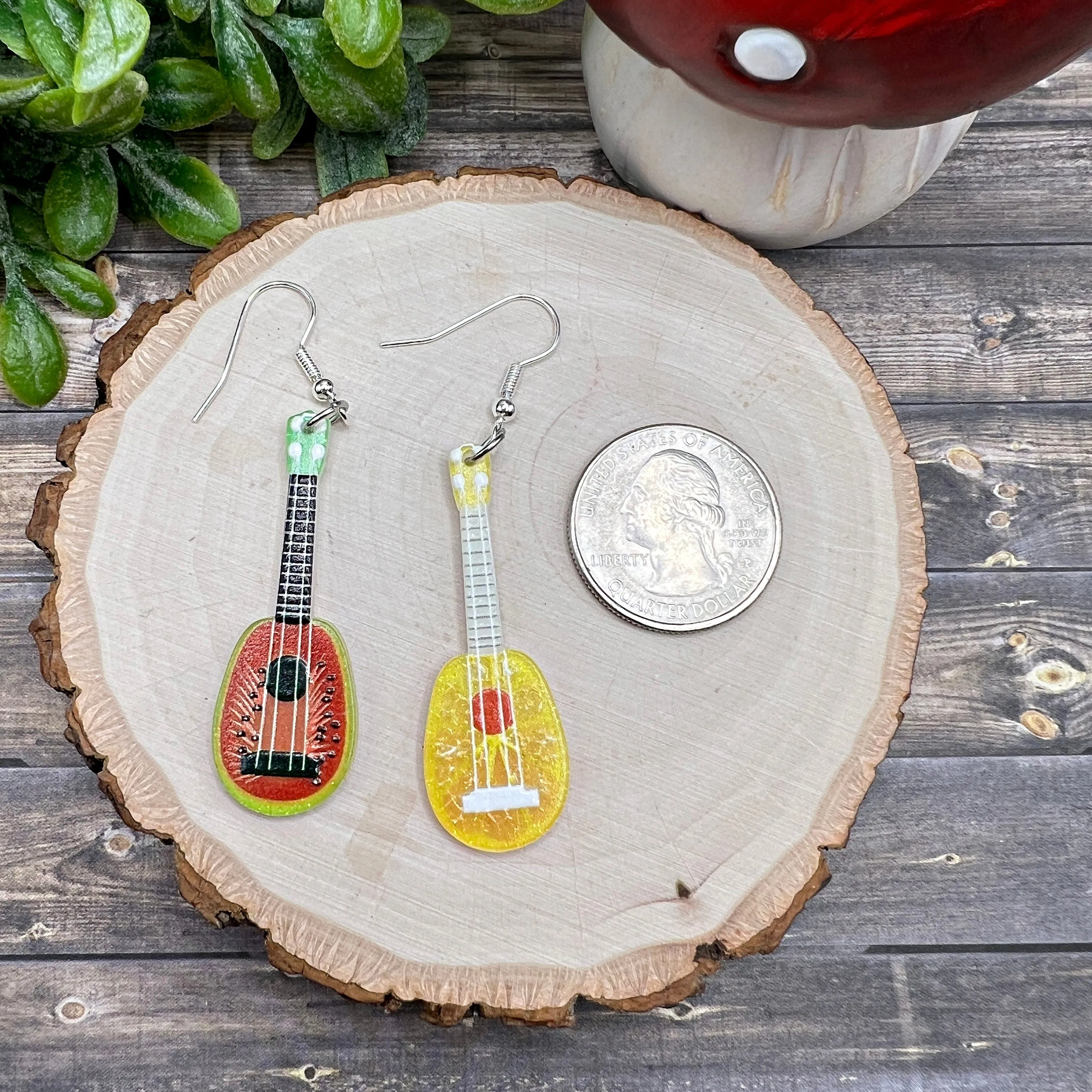 Mini Guitar Fruit Themed Lightweight  Earrings, Hypoallergenic Musician Gift