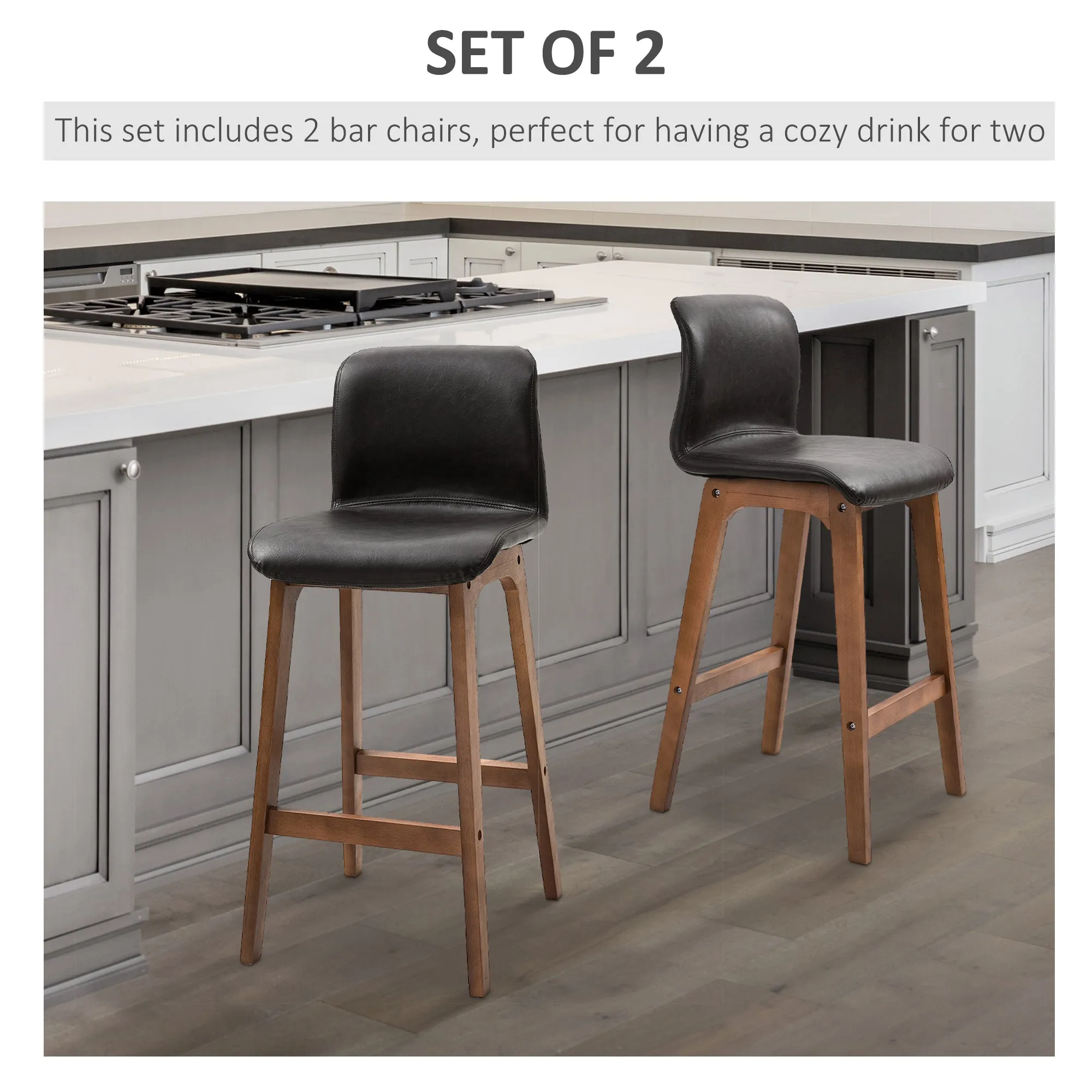 Modern Bar Stools Set of 2, PU Leather Upholstered Bar Chairs with Wooden Frame, Footrest for Home Bar, Dining Room