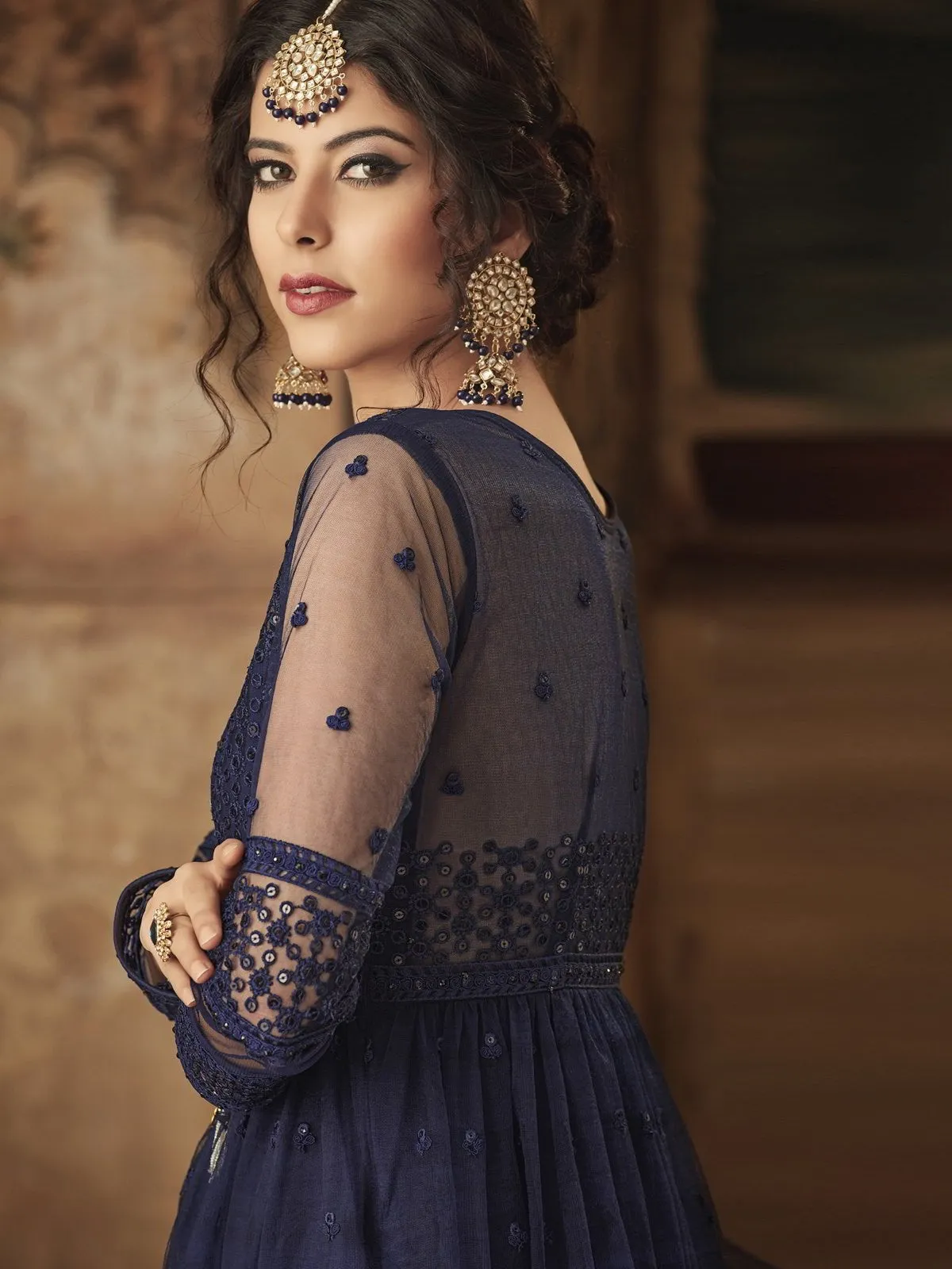 Navy Blue Thread Embroidered Party Wear Palazzo Suit