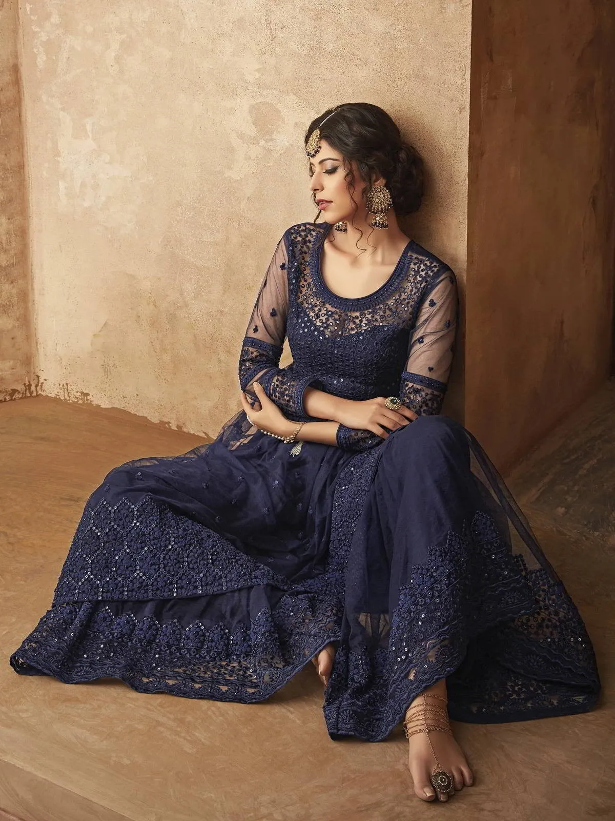 Navy Blue Thread Embroidered Party Wear Palazzo Suit