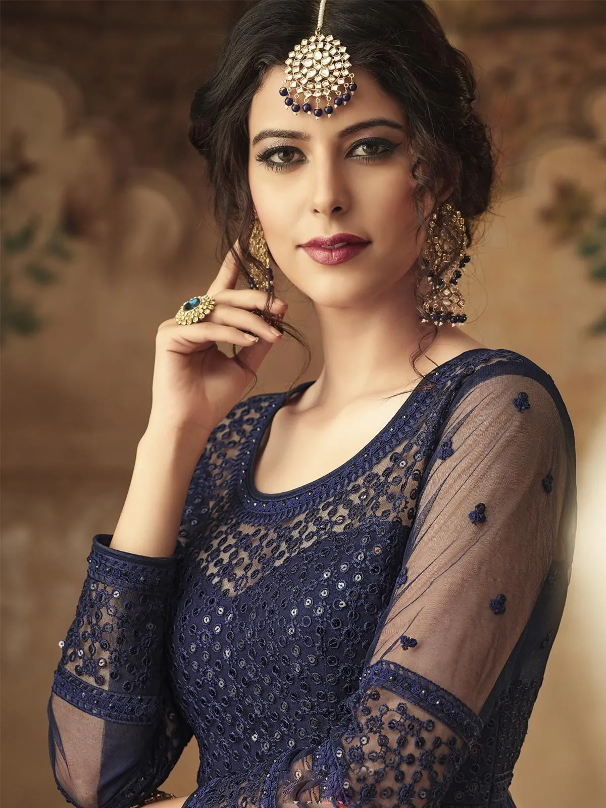 Navy Blue Thread Embroidered Party Wear Palazzo Suit