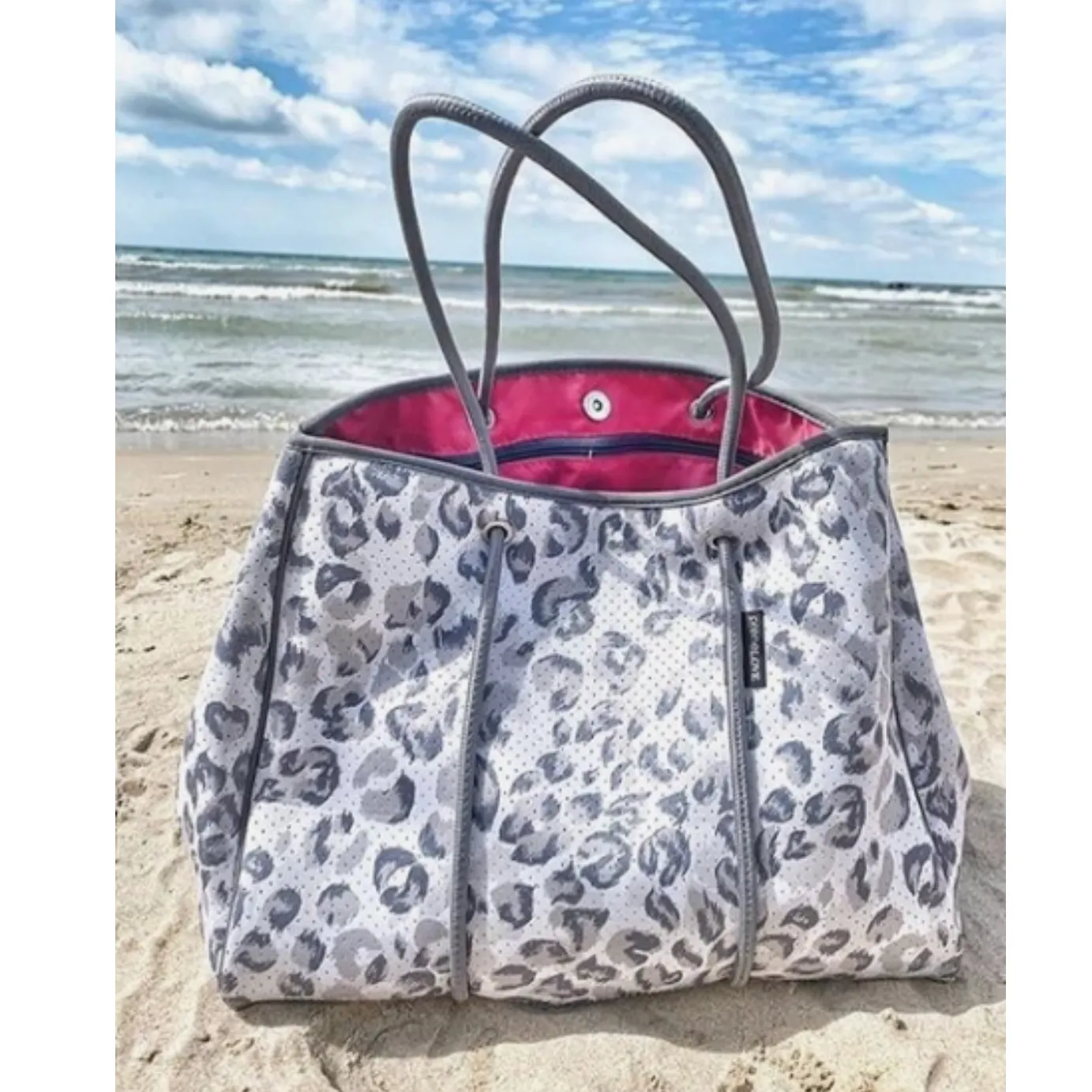 Oversized Neoprene White & Grey Animal Print Tote