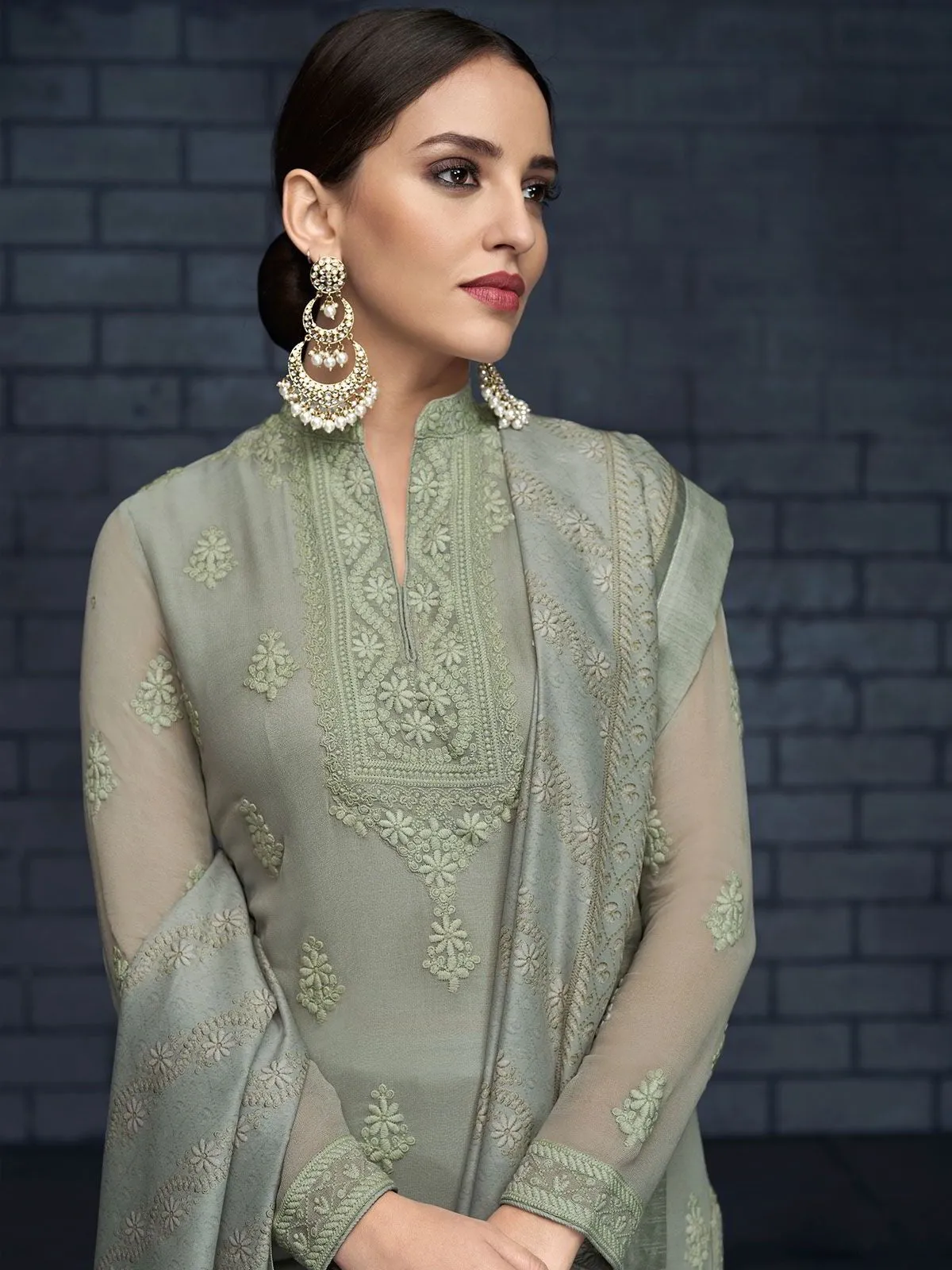 Pale Green Over All Lucknowi Embroidered Designer Pant Suit