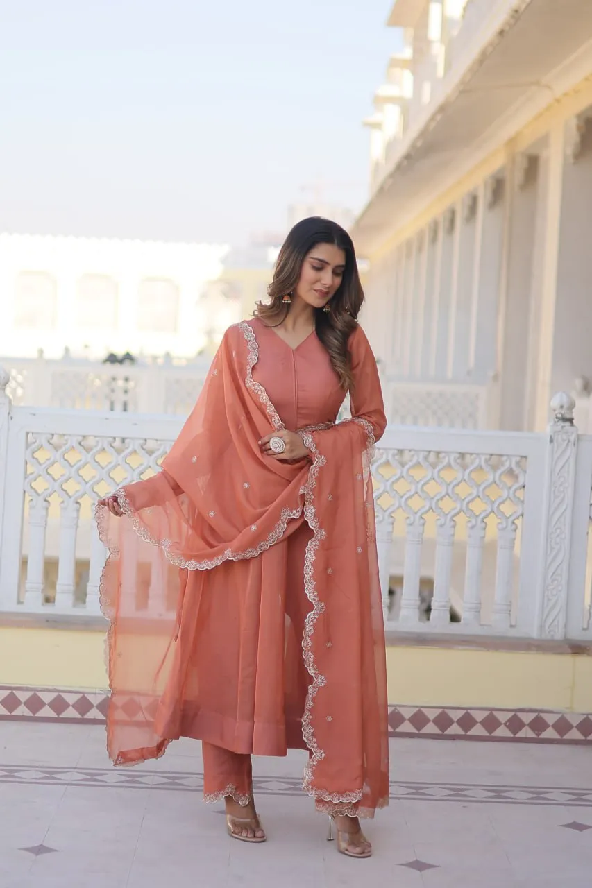 Peach Premium Readymade Russian Silk Kurti Pant Dupatta Set - Graceful & Elegant