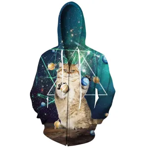 Planet Cat Green Zip Up Funny Hoodie