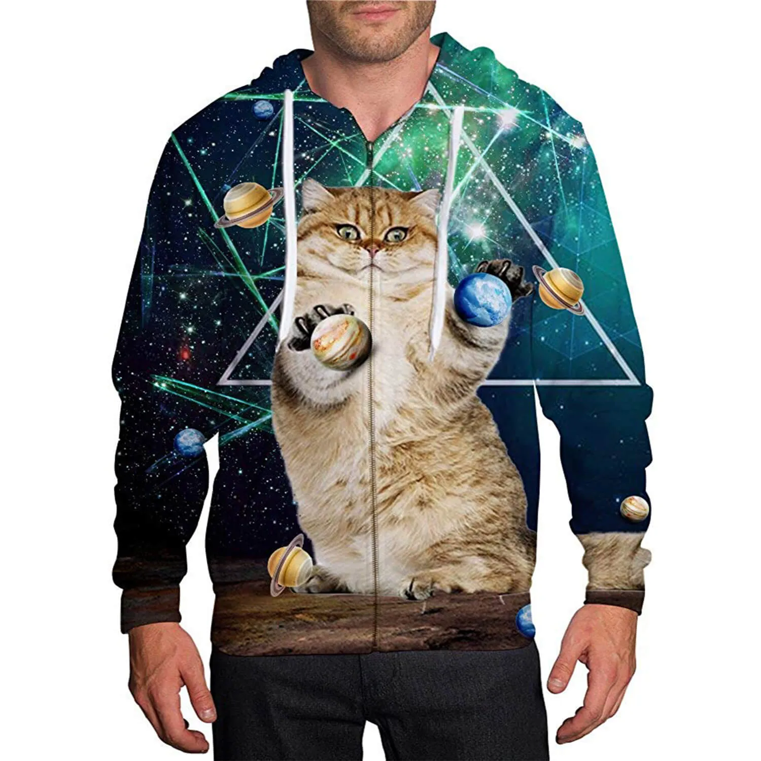 Planet Cat Green Zip Up Funny Hoodie