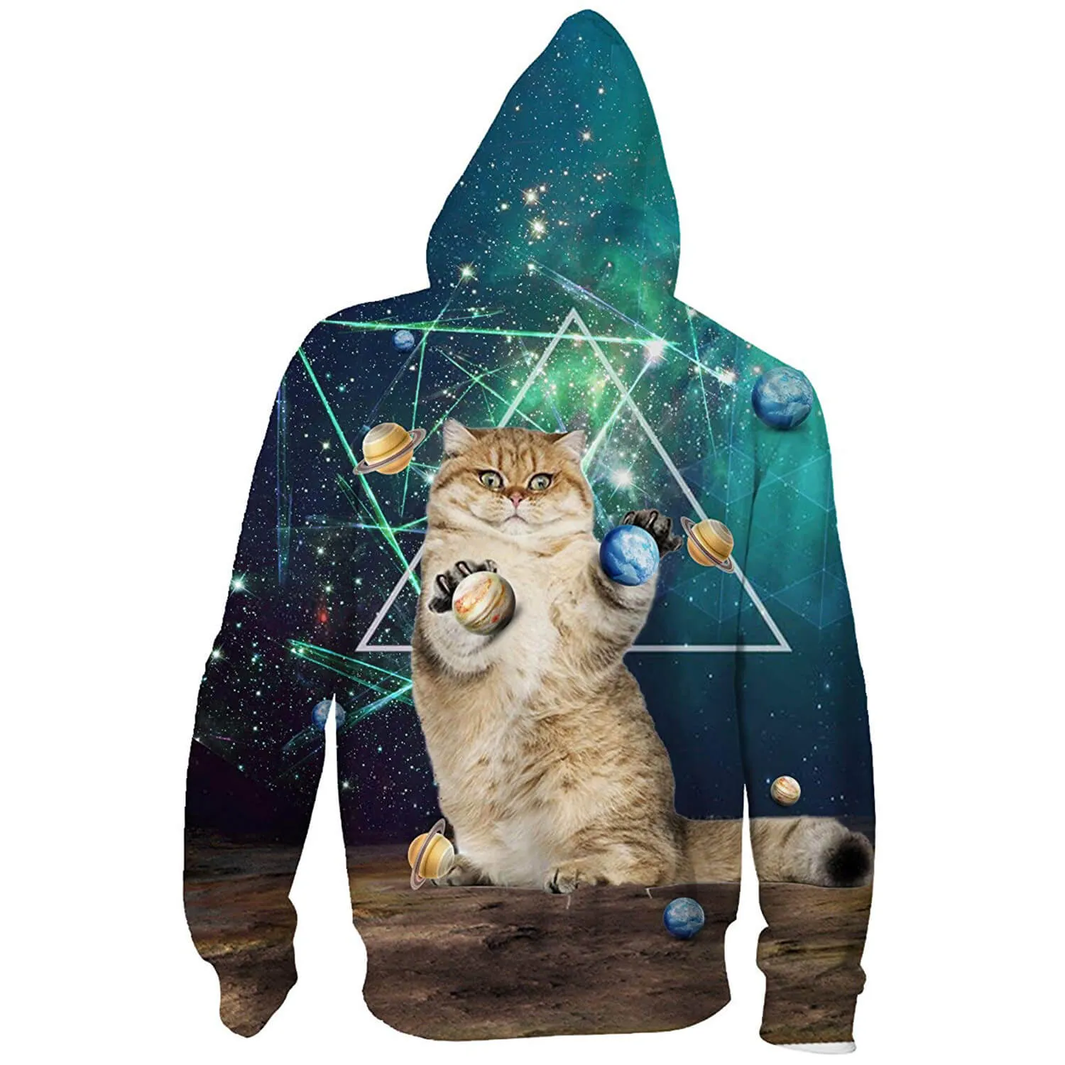 Planet Cat Green Zip Up Funny Hoodie