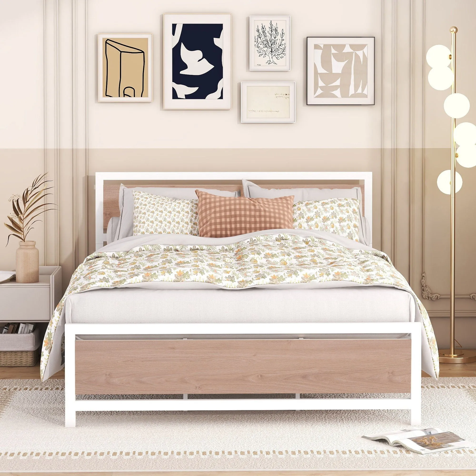 Platform Bed, Metal And Wood Bed Frame With Headboard And Footboard