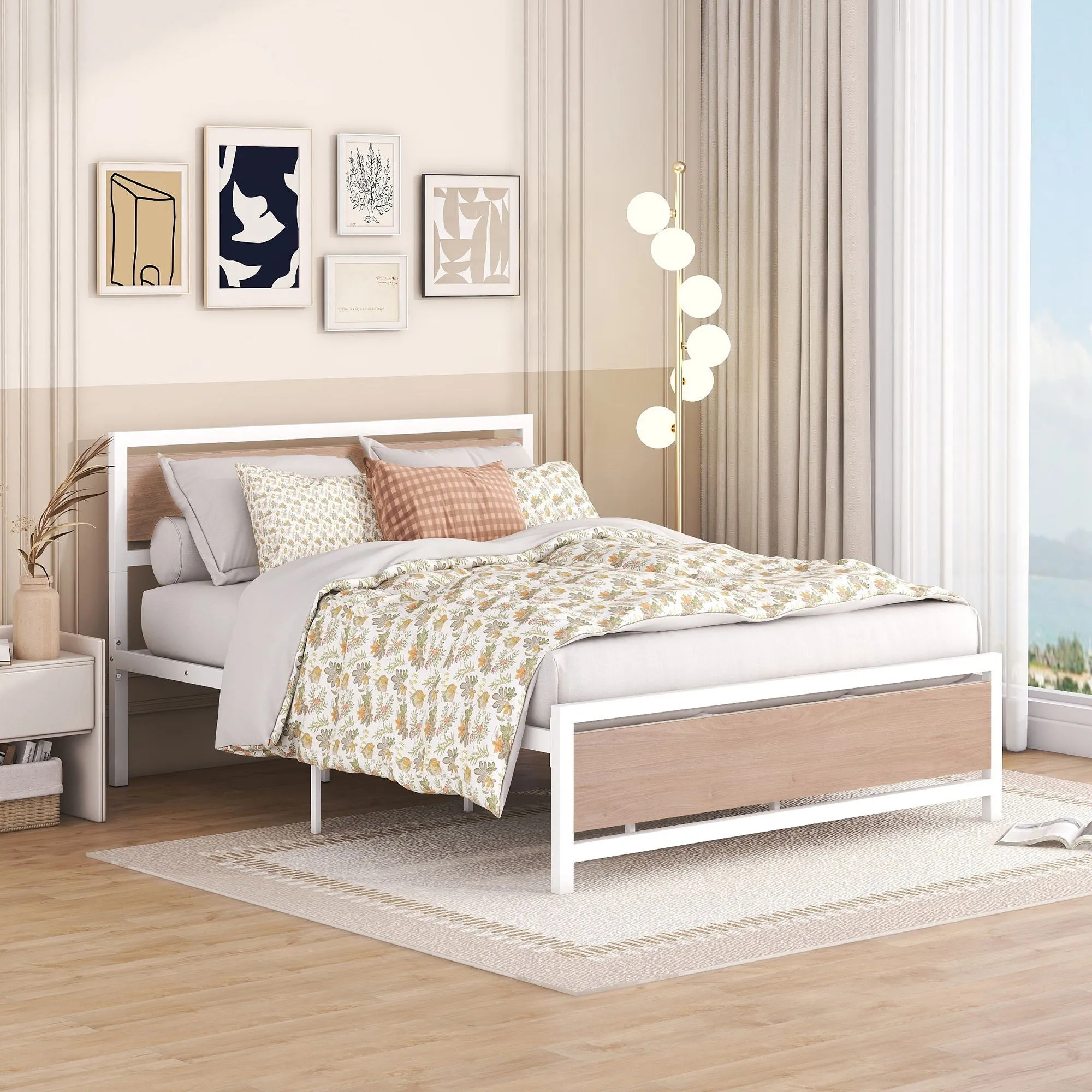 Platform Bed, Metal And Wood Bed Frame With Headboard And Footboard