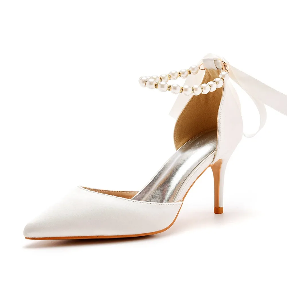 Pointed Toe Satin Pearl Ribbon Ankle Strap High Heels