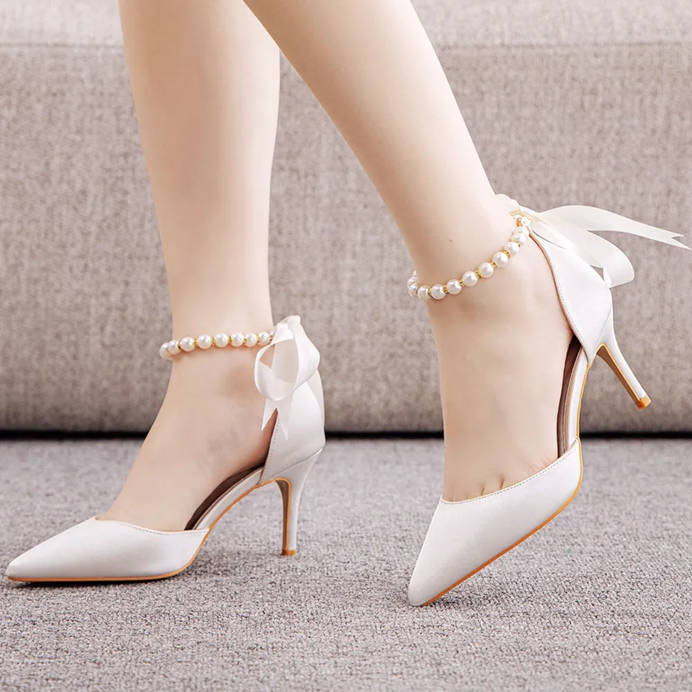 Pointed Toe Satin Pearl Ribbon Ankle Strap High Heels