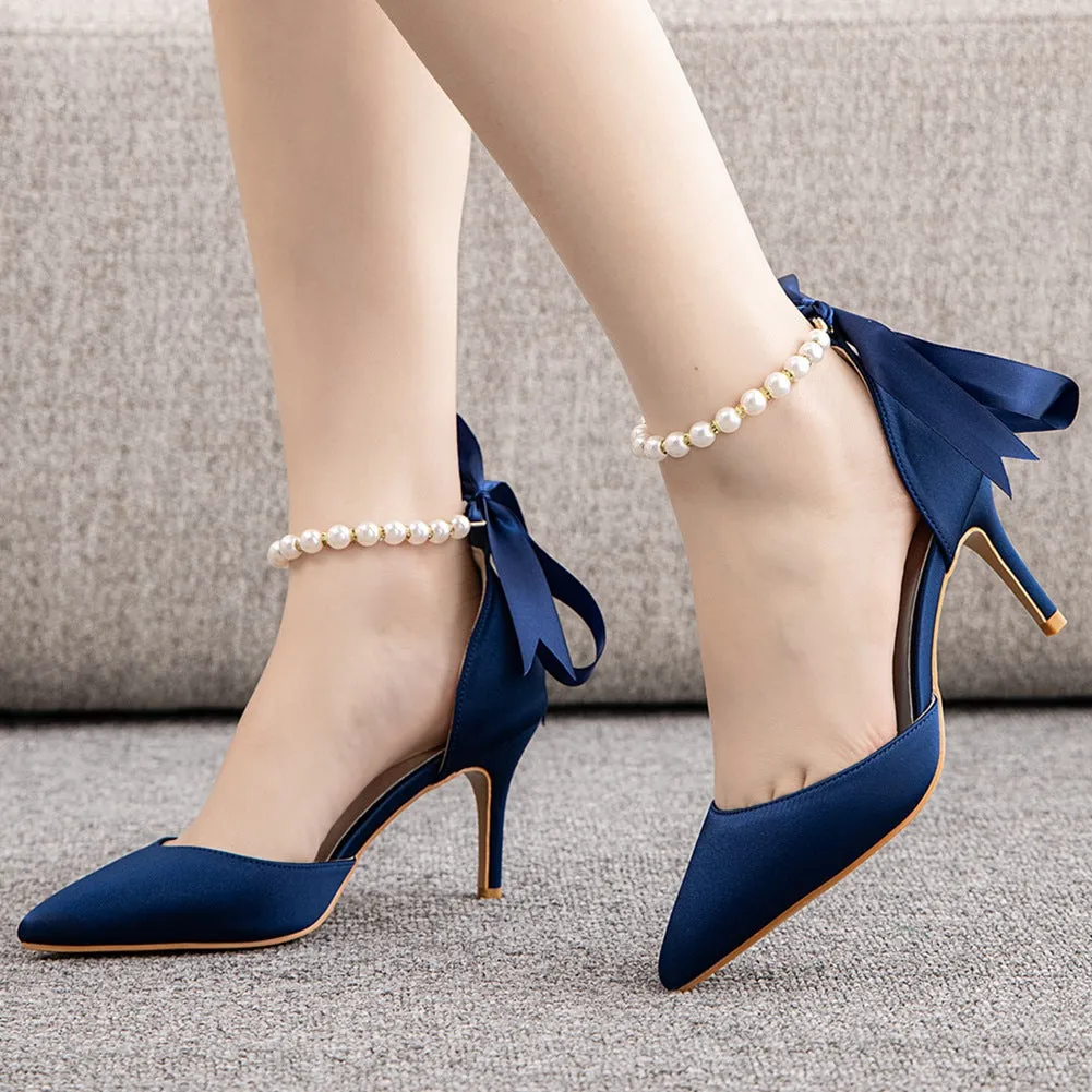 Pointed Toe Satin Pearl Ribbon Ankle Strap High Heels