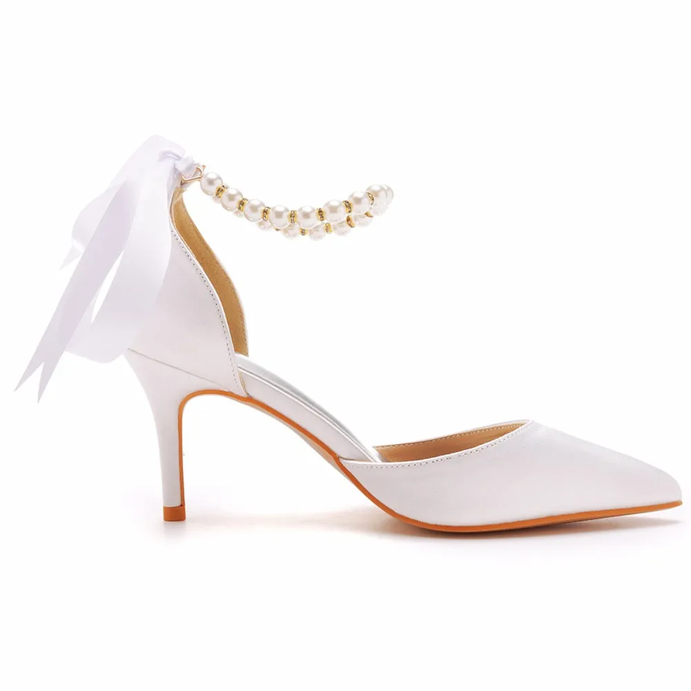 Pointed Toe Satin Pearl Ribbon Ankle Strap High Heels