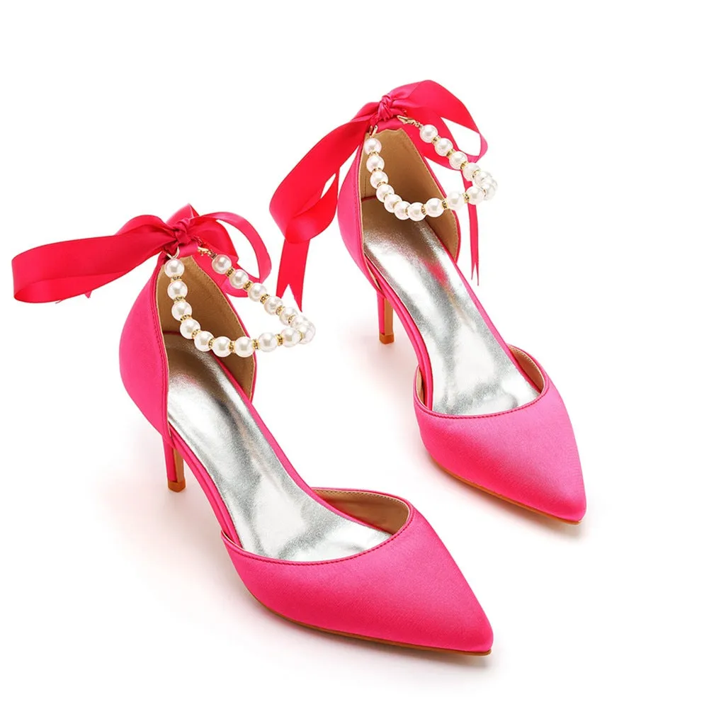 Pointed Toe Satin Pearl Ribbon Ankle Strap High Heels