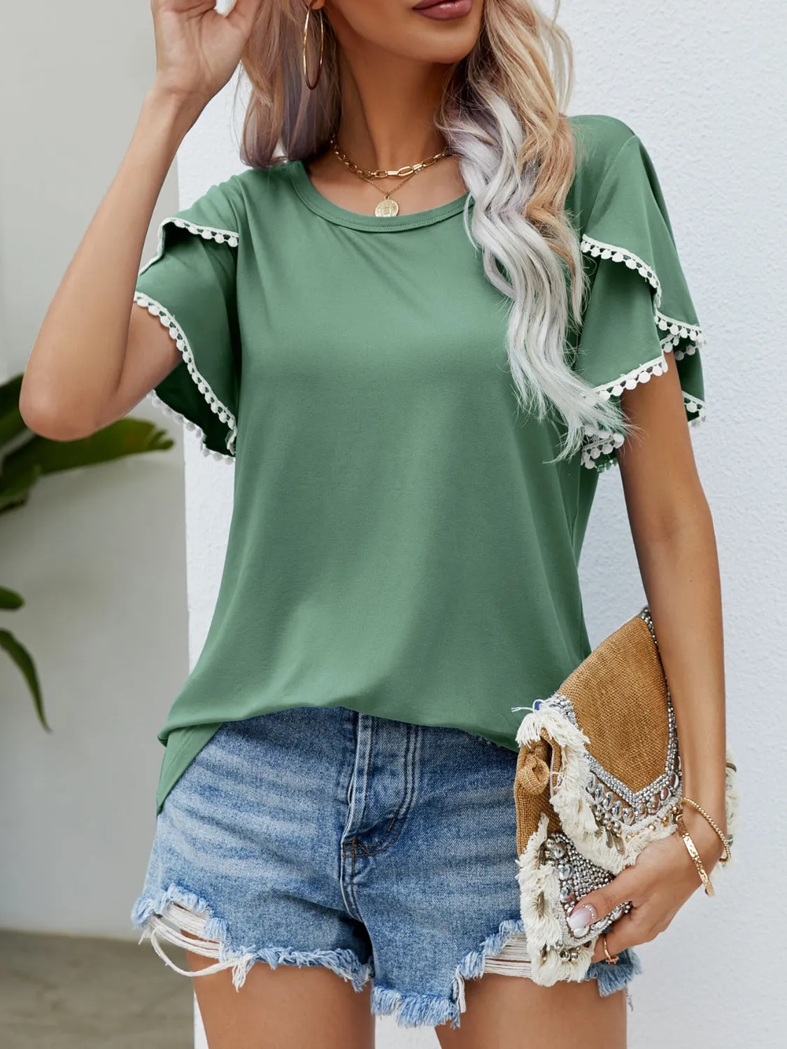 Pom-Pom Trim Flutter Sleeve Round Neck T-Shirt