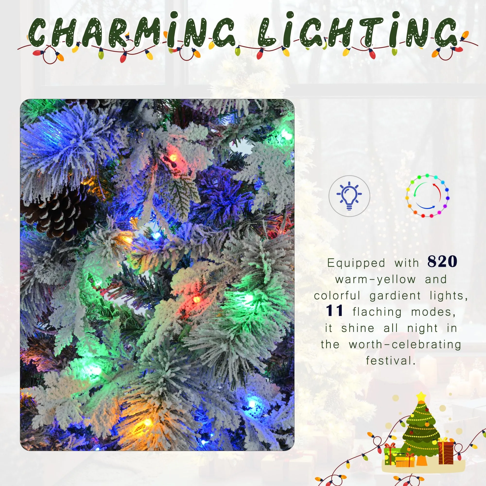 Pre-Lit Spruce Snow Flocked Xmas Tree Set - 4 ft 6 ft, 7.5 ft with Pine Cones, Mixed Leaves, Artificial Hinged Xmas Tree with 820 LED Lights & 11 Flashing Modes, Perfect for Holiday Decoration