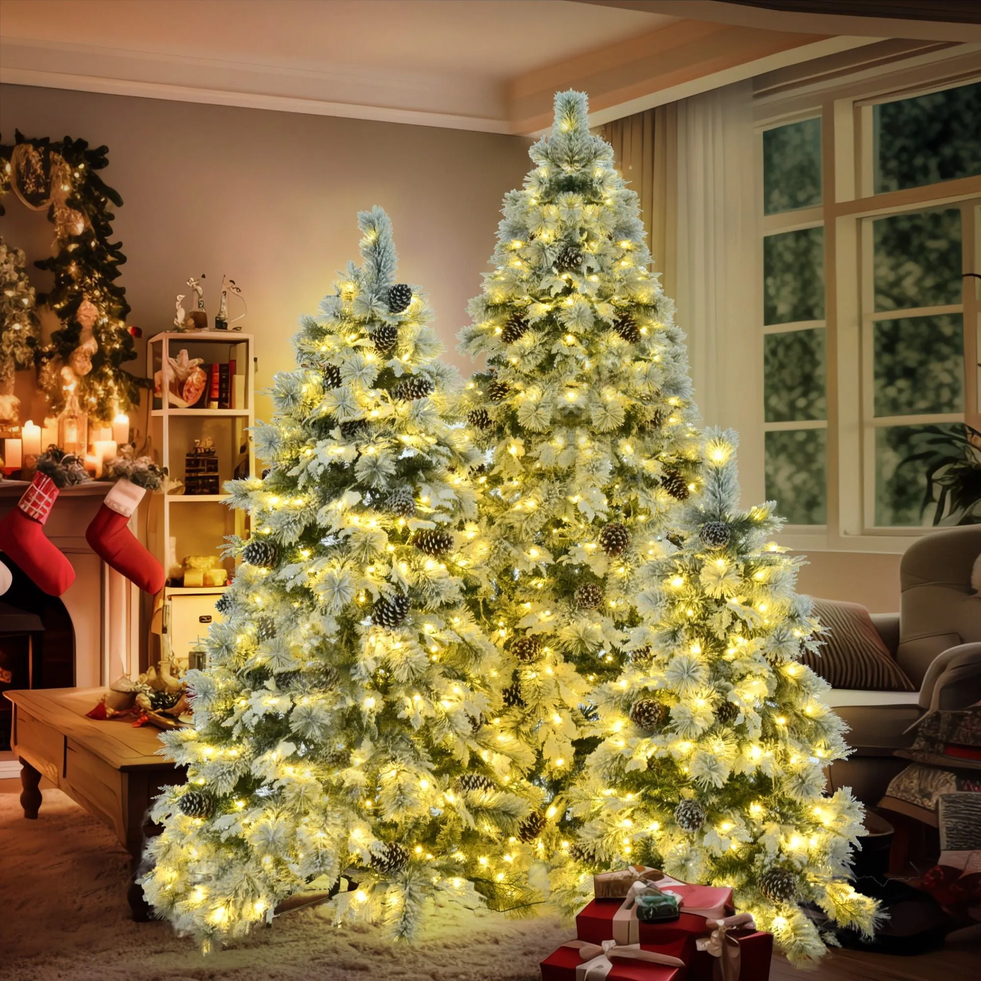 Pre-Lit Spruce Snow Flocked Xmas Tree Set - 4 ft 6 ft, 7.5 ft with Pine Cones, Mixed Leaves, Artificial Hinged Xmas Tree with 820 LED Lights & 11 Flashing Modes, Perfect for Holiday Decoration