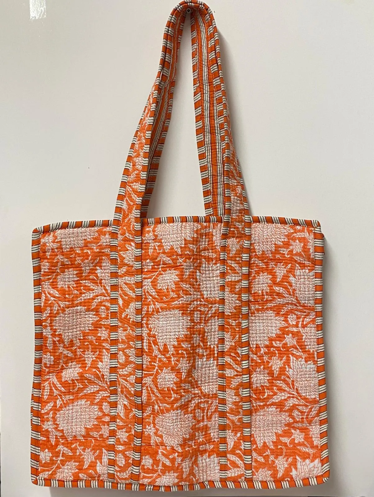 PRE ORDER -  Quilted Cotton Tote Bag- Orange and White