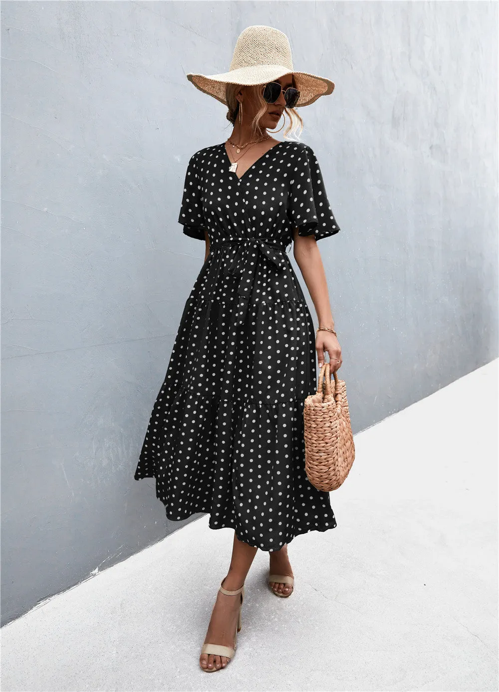 Printed V-Neck Flutter Sleeve Belted Dress