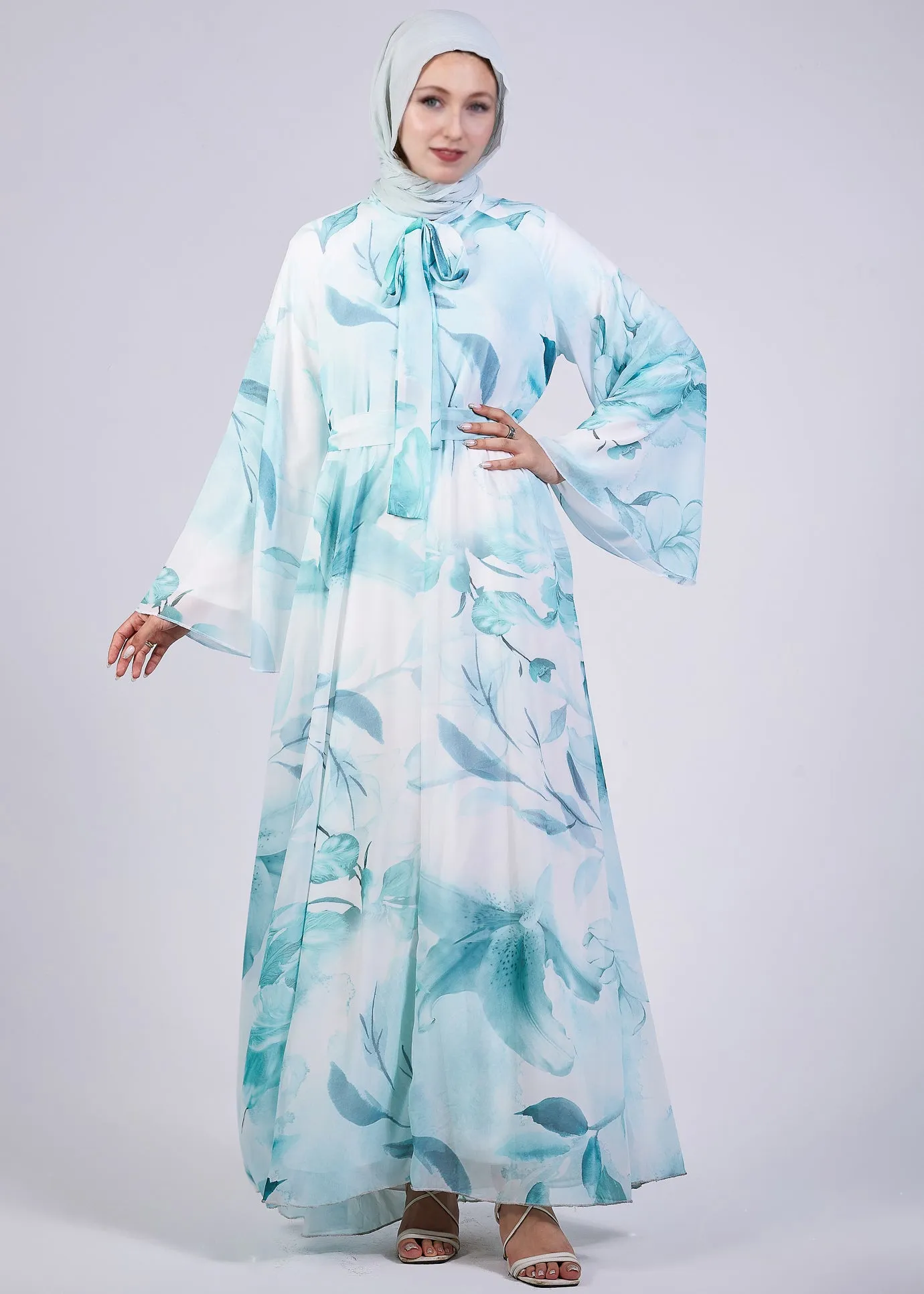 Rawan Elegance Floral Print Maxi Dress with High Neck and Flowing Sleeves