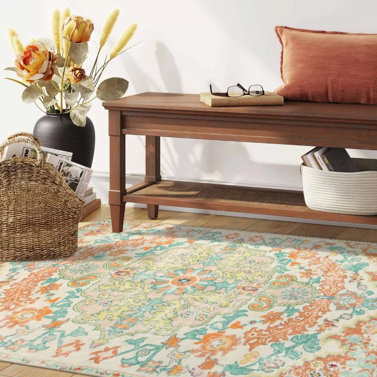 Reine Bohemian Floral Medallion Brandied Melon Area Rug