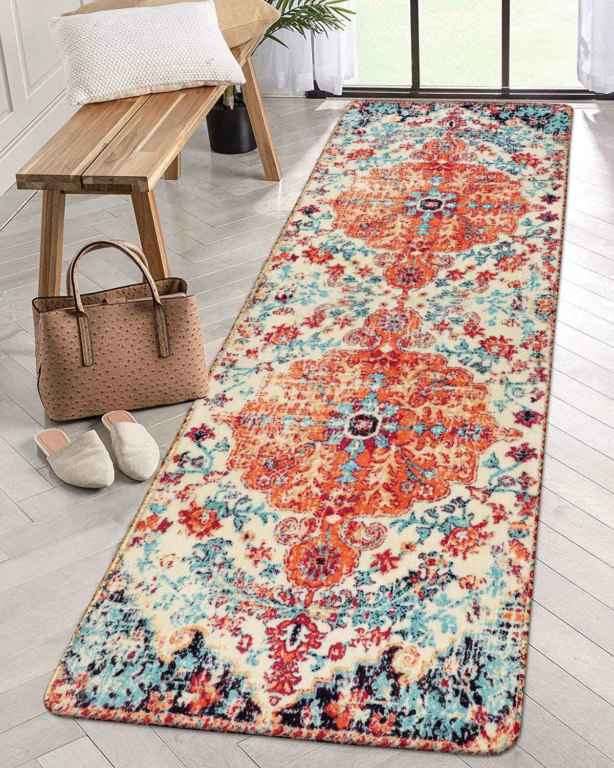 Reine Bohemian Floral Medallion Orange Area Rug